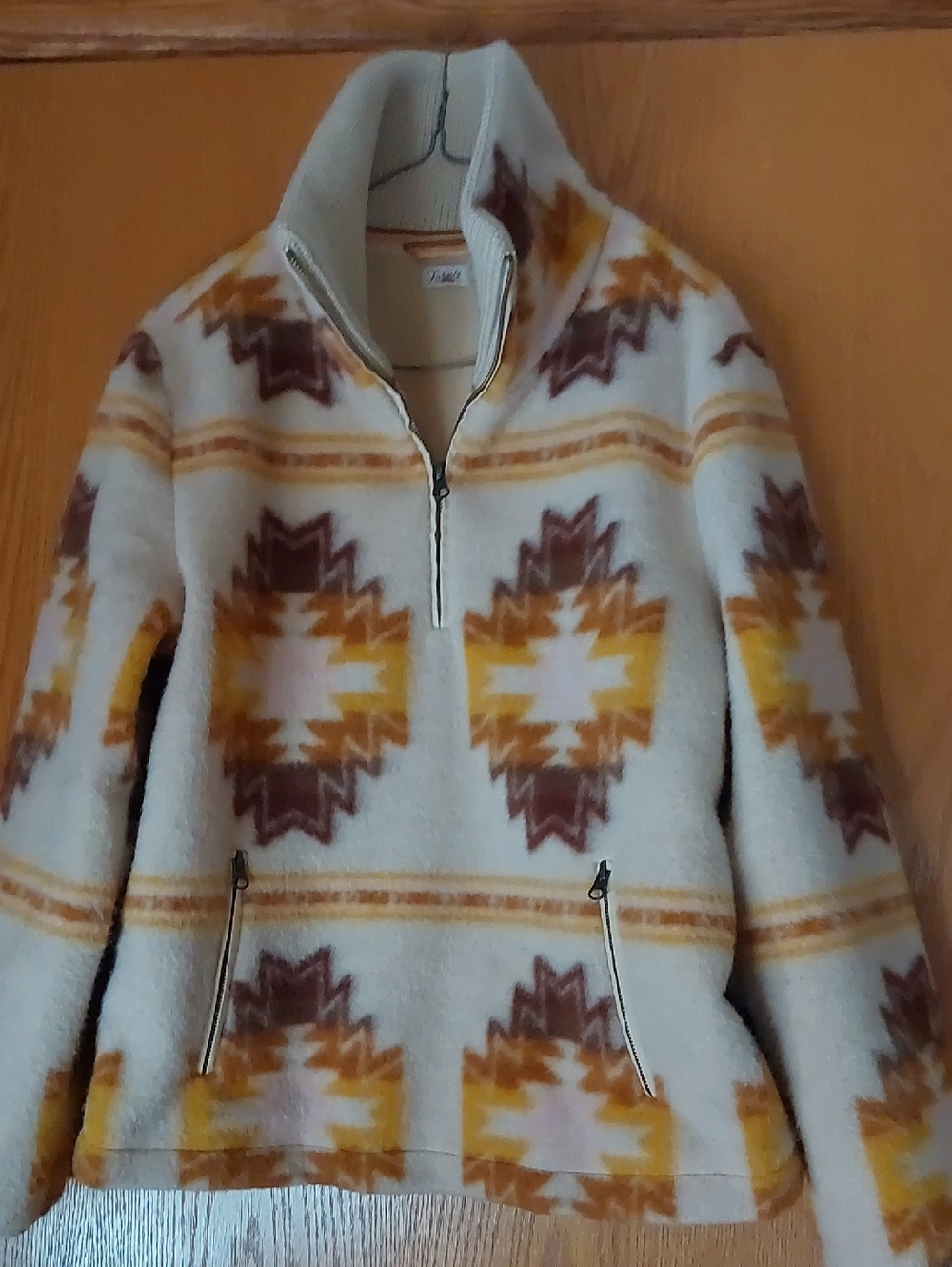 Faherty Cream Teddy Pullover with Mustard & Brown Aztec Motif